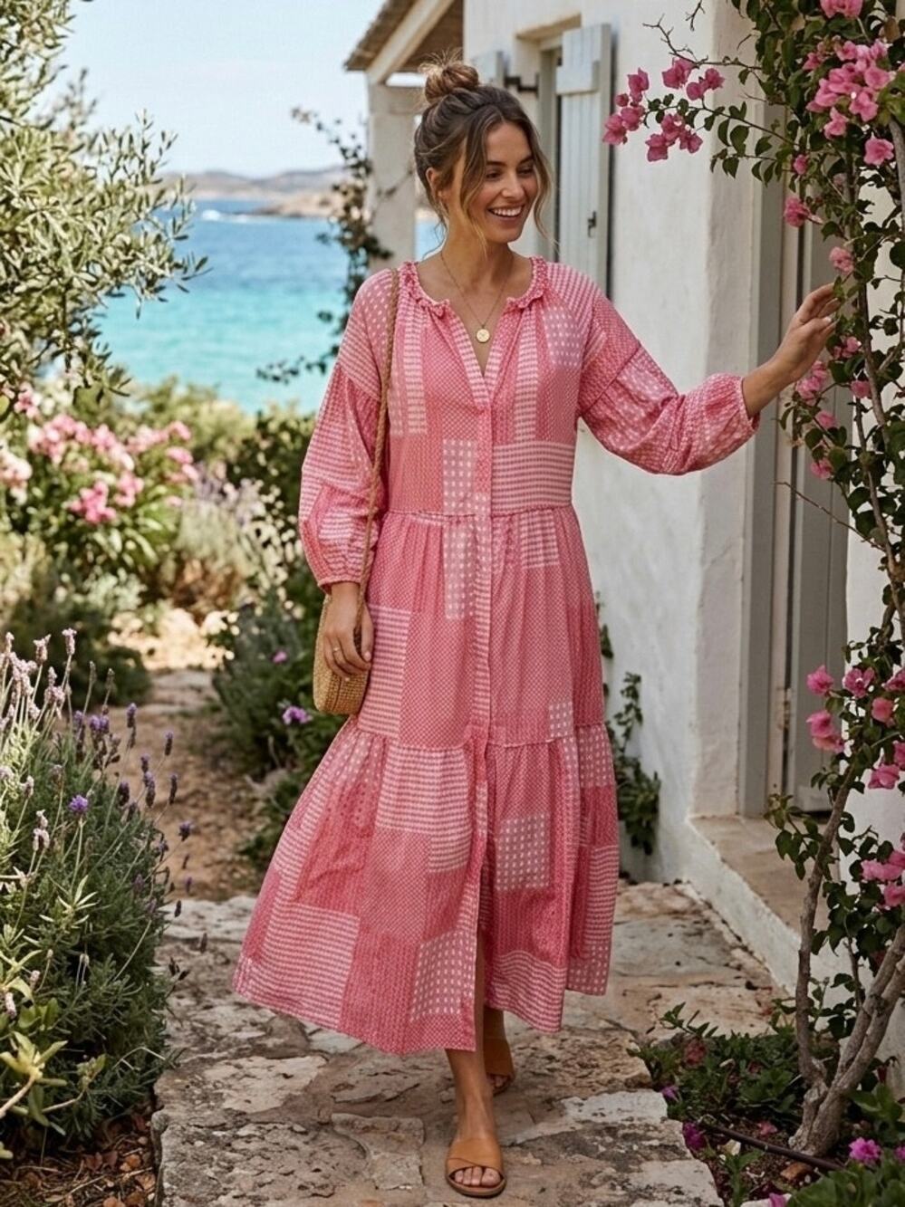 FLANNEL Pink Patchwork Tiered Cotton Maxi Dress Size 1/S